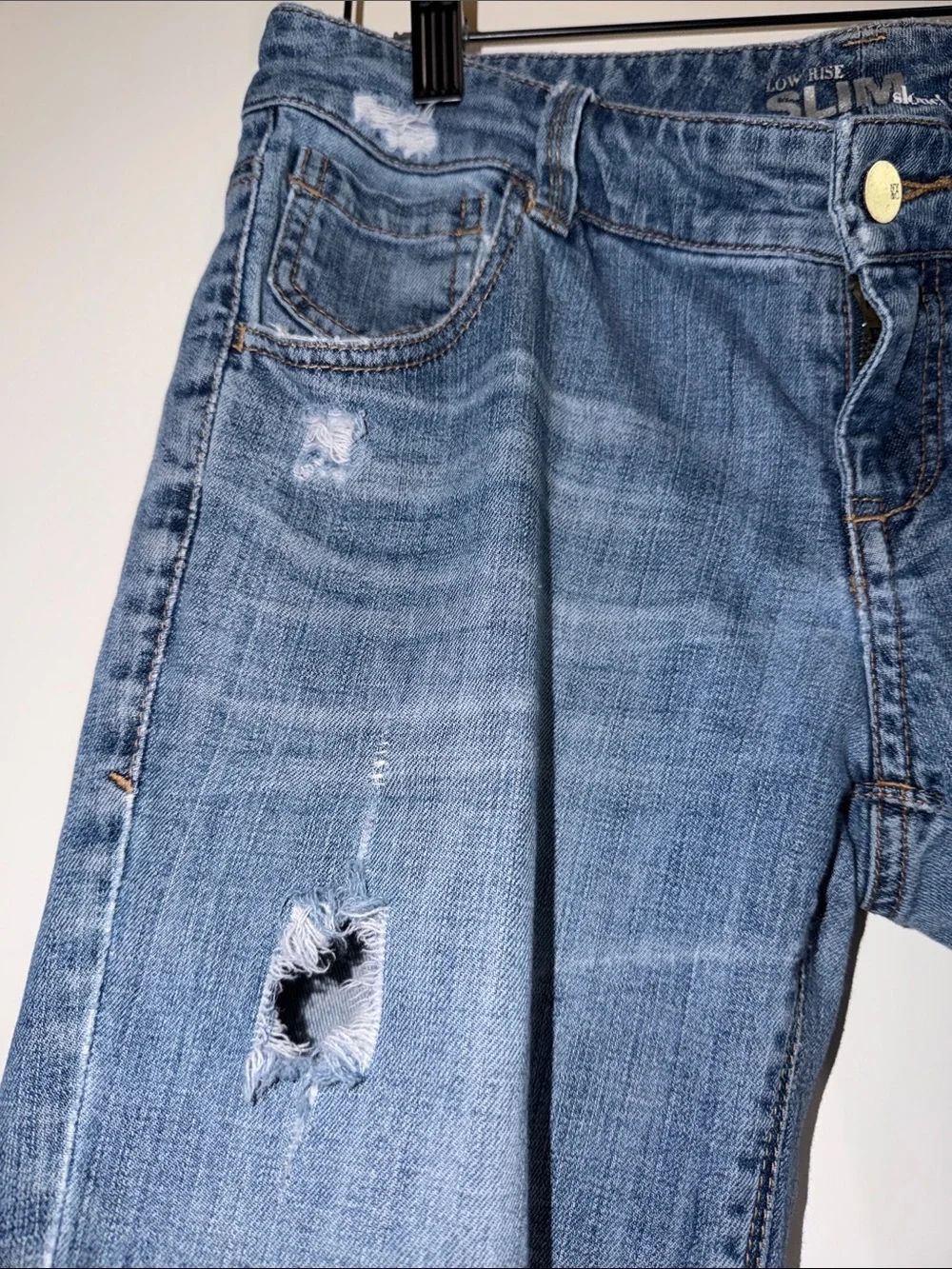 New York & Company Blue Distressed Straight-Leg Jeans